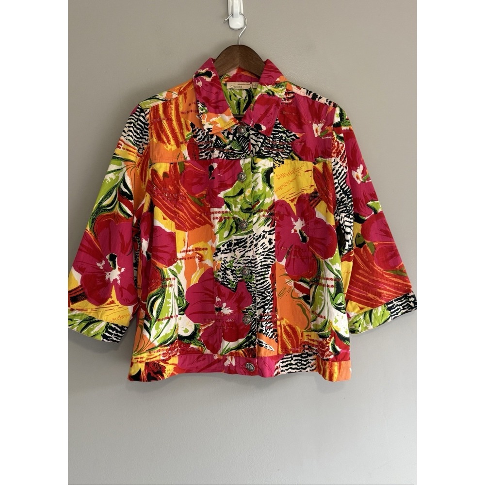 Choices Patchwork Jacket‎ Top Cardigan Floral Tropical Sequin Zebra Button Large - Picture 3 of 16